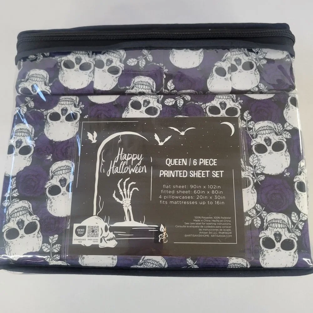 Halloween Trad Goth Style Queen 6pc Sheets Set Black White Skulls Purple Roses